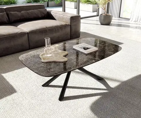 Konferenčné stolíky DELIFE Konferenčný stolík Edge zaoblený 120x70 cm keramika Laminam® Emperador Extra Lucidato tmavohnedá Sarity kov čierna