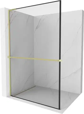 Sprchové dvere MEXEN/S - Kioto+ L Sprchová zástena WALK-IN s poličkou a držiakom uterákov 70 x 200, čierny vzor, zlatá kartáčovaná 800-070-123-55-70