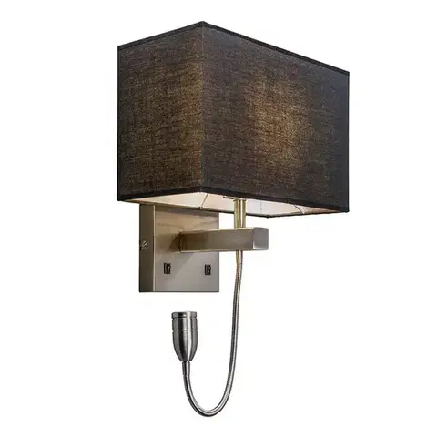 Lampy Oceľová nástenná lampa s čiernym tienidlom a čítacím ramenom vrátane LED - Bergamo