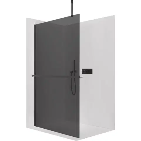 Držadlá k vani CERANO - Sprchová zástěna Walk-in Onyx Top Cube L/P - 8 mm - hranatá vzpěra + polička/držák na ručníky - černá matná, grafitové sklo - 40x200  CER-8050BD80071