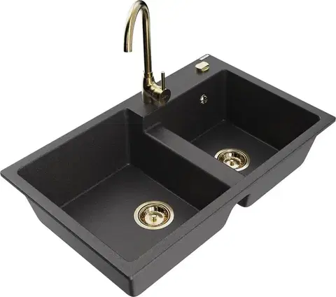 Kuchynské drezy MEXEN/S MEXEN/S - Tomas granitový drez 2-bowl vrátane batérie Telma, čierna kropenatá 6516-76-670200-50