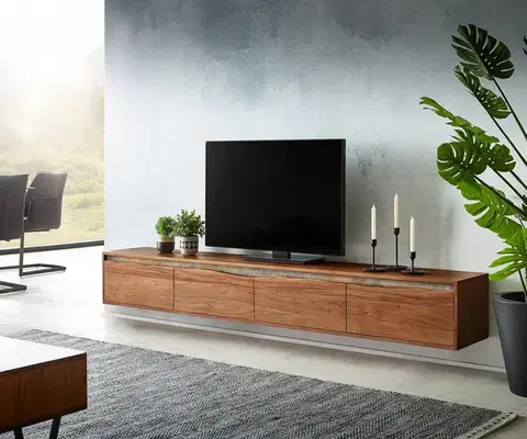 Televízne stolíky DELIFE TV stolík Stonegrace 220 cm akácia hnedá hrana z masívu 4 dvierka závesný