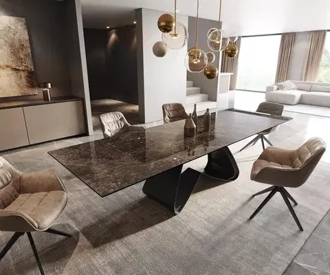 Jedálenské stoly DELIFE Jedálenský stôl Edge 200-300x100 keramika Laminam® Emperador Extra Lucidato tmavohnedá podstava v tvare W čierna rozkladací