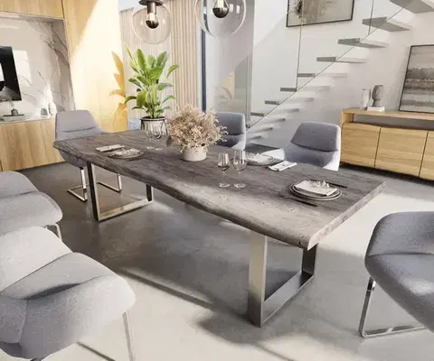 Jedálenské stoly DELIFE Jedálenský stôl Edge 260×100 XL akácia platinová nerezová oceľ úzky Live-Edge