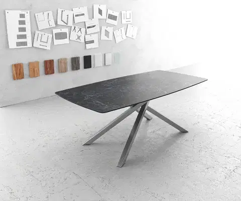 Jedálenské stoly DELIFE Jedálenský stôl Edge oválny tvar 200x100 cm Laminam® keramika Nero Greco antracitová krížová podstava obdĺžniková nerezová oceľ