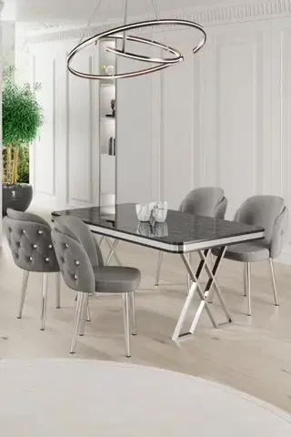 Jedálenské sety Dining Table & Chairs Set (5 Pieces) Rigel - Black Marble, Chrome, Grey