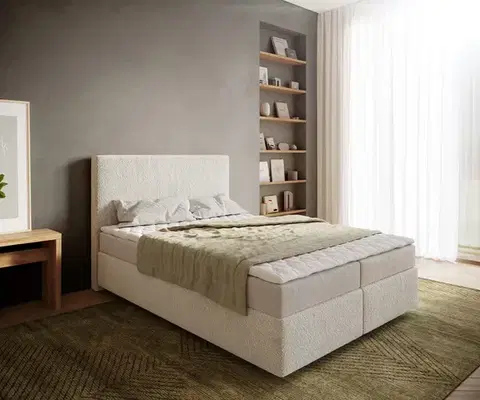 Postele Boxspring DELIFE Boxspring posteľ Dream-Well 140×200 cm bouclé krémovo biela s matracom a topperom