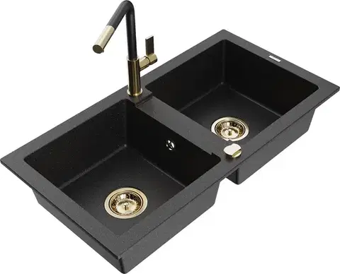 Kuchynské drezy MEXEN/S MEXEN/S - Mario granitový drez 2-bowl vrátane batérie Flora, čierna/strieborná metalík 6504-73-670401-57-G