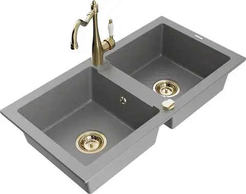 Kuchynské drezy MEXEN/S MEXEN/S - Mario granitový drez 2-bowl vrátane batérie Carla, šedá 6504-71-670700-50
