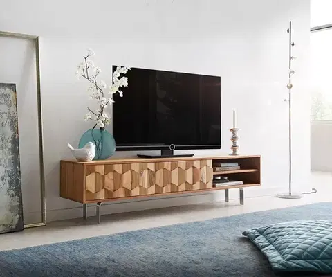 Televízne stolíky DELIFE TV stolík Fevo 160 cm akácia prírodná 2 dvierka podstava v tvare L