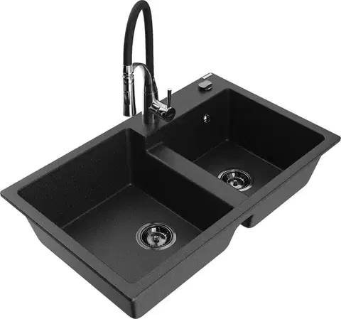 Kuchynské drezy MEXEN/S MEXEN/S - Tomas granitový drez 2-bowl vrátane batérie Aster, čierna/strieborná metalík 6516-73-73450-07-B