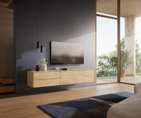 Televízne stolíky DELIFE TV stolík Cuor 180 cm keramika Laminam® sabbia v dubovej farbe 1 výklopné dvierka 2 zásuvky závesné