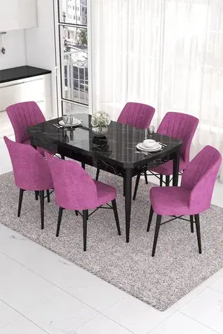 Jedálenské sety Extendable Dining Table & Chairs Set (7 Pieces) Eva - Black Marble, Purple