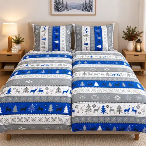 Obliečky Obliečky bavlnené Vianočné obliečky Christmas modré TiaHome - 1x Vankúš 90x70cm, 1x Paplón 140x200cm