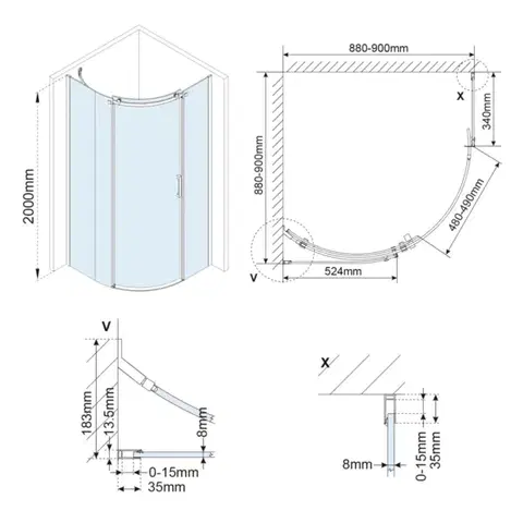Sprchové dvere POLYSAN - THRON ROUND štvrťkruhová sprchová zástena 900x900, číre sklo, ľavá TL2690L-5005