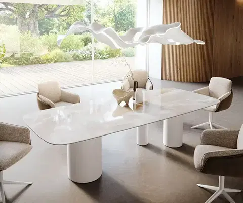 Jedálenské stoly DELIFE Jedálenský stôl Edge zaoblený tvar 270×120 cm keramika Iris FMG Onice Grigio Troa kov biela