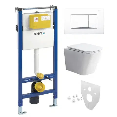 Záchody Mereo WC set - Rimless WC hranaté, modul pre sadrokartón, biele hranaté tlačidlo MM02NSETRS320