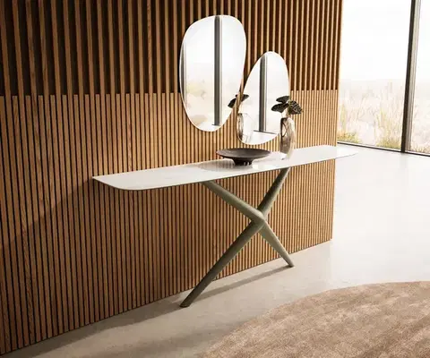 Konzolové stolíky DELIFE Konzolový stolík Edge zaoblený tvar 180×40 cm keramika onyx šampanské Estelo kov titánová farba