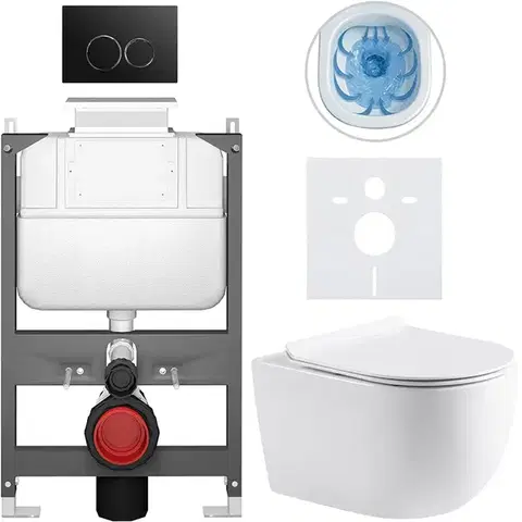 Záchody CERANO - Kompletný WC set Basic/Felci - biela lesklá - WC tlačidlo Dualo/Čierna - ovládanie zhora - predstenová inštalácia - 53x37 CER-8050BD86065