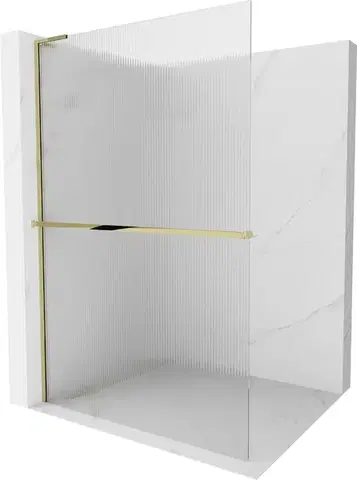 Sprchové dvere MEXEN/S - Kioto+ L Sprchová zástena WALK-IN s poličkou a držiakom uterákov 100 x 200, prúžky, zlato 800-100-123-50-09