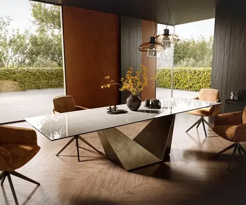 Jedálenské stoly DELIFE Jedálenský stôl Edge 300×100 cm keramika onyx šampanské prizmový metalický zlatý