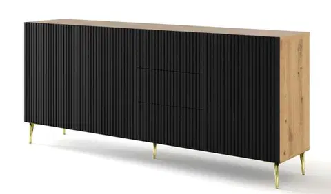 Komody ArtBm Komoda RAVENNA B 3D3S 200 | dub artisan / čierna matná Prevedenie: Dub artisan / čierny mat  / zlaté nohy