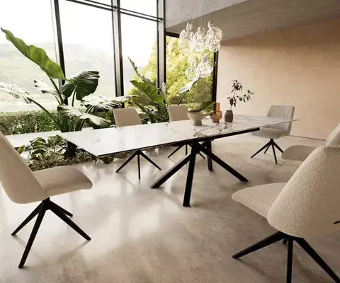 Jedálenské stoly DELIFE Jedálenský stôl Edge 200-300x100 keramika Calacatta Luxe bielo-zlato-šedá krížová podstava obdĺžnik čierny rozkladací