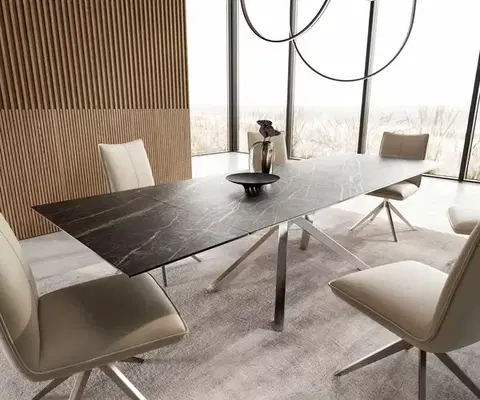 Jedálenské stoly DELIFE Jedálenský stôl Edge 200-300x100 keramika Laminam®Noir Desir hnedá krížová podstava obdĺžnik nerezová oceľ rozkladací