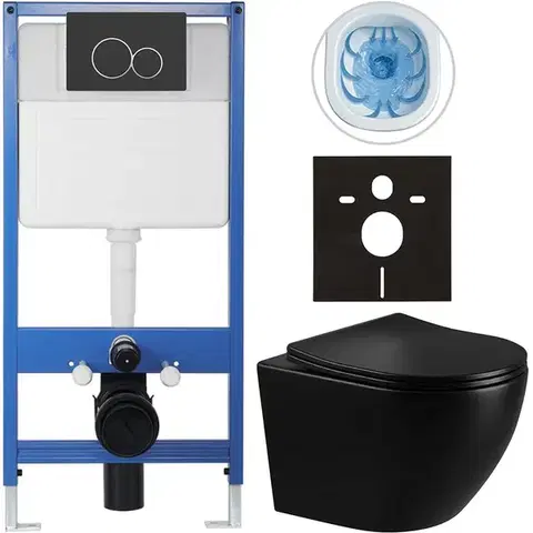 Záchody CERANO - Kompletný WC set Profi/Cesso - čierna lesklá - WC tlačidlo Duo/Čierna matná - predstenová inštalácia - 49x36 CER-8050BD84225