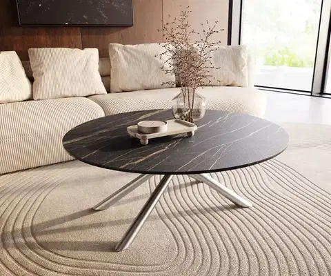 Konferenčné stolíky DELIFE Konferenčný stolík Edge okrúhly 100x100 cm keramika Laminam® Noir Desir hnedá nerezová oceľ kefovaná