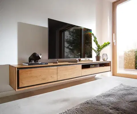 Televízne stolíky DELIFE TV stolík Stonegrace 240 cm akácia prírodná kamenná dyha 2 dvierka 1 priehradka 2 zásuvky závesný