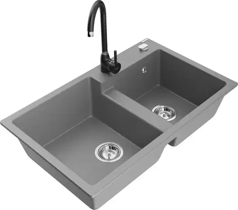 Kuchynské drezy MEXEN/S MEXEN/S - Tomas granitový drez 2-bowl vrátane batérie Telma, šedá 6516-71-670200-70