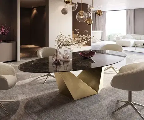 Jedálenské stoly DELIFE Jedálenský stôl Edge oválny 280x130 keramika Laminam® Emperador extra leštený tmavohnedá Prisma metalická zlatá