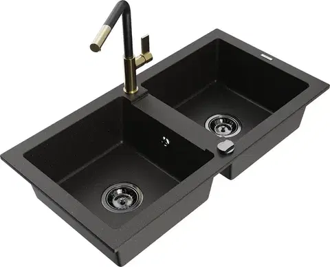 Kuchynské drezy MEXEN/S MEXEN/S - Mario granitový drez 2-bowl vrátane batérie Flora, čierna/zlatá metalik 6504-75-670401-57-B