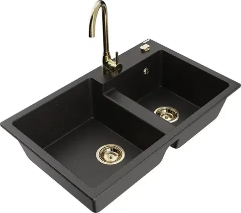 Kuchynské drezy MEXEN/S MEXEN/S - Tomas granitový drez 2-bowl vrátane batérie Telma, čierna/zlatá metalik 6516-75-670200-50