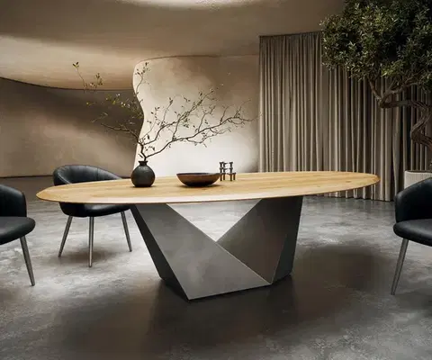 Jedálenské stoly DELIFE Jedálenský stôl Edge oválny 280x130x2,5 dub prírodný Prisma metalická strieborná Flow-Edge