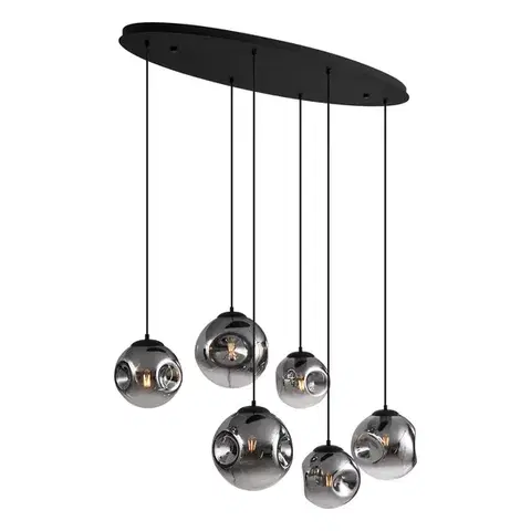 Závesné svietidlá Art Deco závesná lampa čierna s oválnou stropnou doskou a dymovým sklom 6-Lights - Douglass