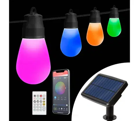 LED osvetlenie  LED RGBIC solárny reťazec 15xLED/1,3W/3,7V 2200 mAh 8 m IP65 čierny + diaľkové ovládanie 11746