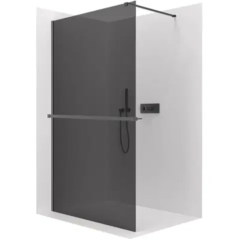 Držadlá k vani CERANO - Sprchová zástěna Walk-in Onyx Cube L/P - 8 mm + polička/držák na ručníky - hranatá vzpěra - černá matná, grafitové sklo - 120x200  CER-8050BD710
