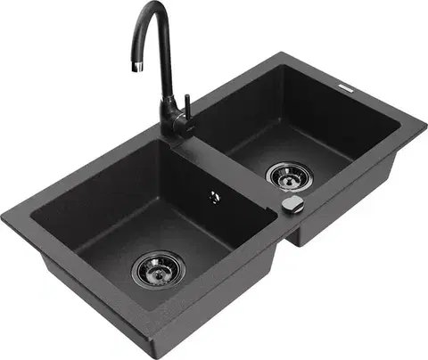 Kuchynské drezy MEXEN/S MEXEN/S - Mario granitový drez 2-bowl vrátane batérie Telma, čierna kropenatá 6504-76-670200-70-B