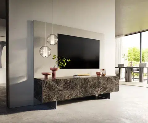 Televízne stolíky DELIFE TV stolík Cuor 180 cm keramika emperador extra leštený tmavohnedá 1 výklopné dvierka 2 zásuvky podstava závesná nerezová oceľ