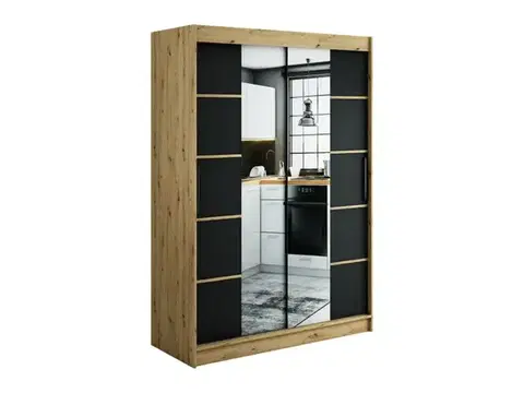 Šatníkové skrine Skriňa Halifax V4 150 Dub Artisan/čierna/Zrkadlo