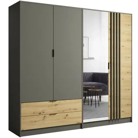 Šatníkové skrine Skriňa Rimini 4d2s Šedá/Dub Artisan