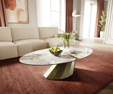 Konferenčné stolíky DELIFE Konferenčný stolík Edge oválny 140x80 cm keramika Minas Melange Parabi metalická zlatá