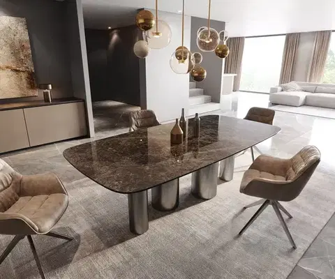 Jedálenské stoly DELIFE Jedálenský stôl Edge zaoblený tvar 240x120 keramika Laminam® Emperador Extra Lucidato tmavohnedá kovová podstava nerezová oceľ grafitová