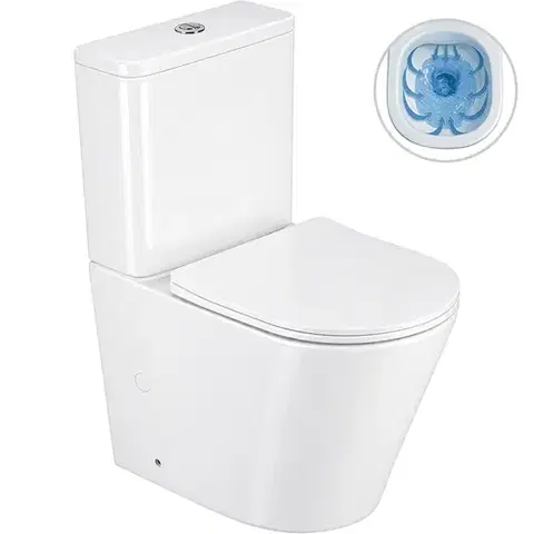 Záchody CERANO - WC kombi Carlito, Rimless - DualFlush + Slim/UF sedátko - spodný/zadný odpad - biela lesklá - 61x36,5 CER-417383