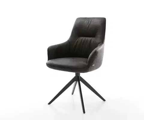 Jedálenské stoličky DELIFE Jedálenská stolička Zelia-Flex s opierkami mikrovlákno antracitová vintage krížová podstava široká čierna 360° otočná hojdacia funkcia vrecková pružina