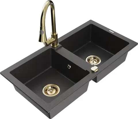 Kuchynské drezy MEXEN/S MEXEN/S - Mario granitový drez 2-bowl vrátane batérie Elia, čierna kropenatá 6504-76-670101-50