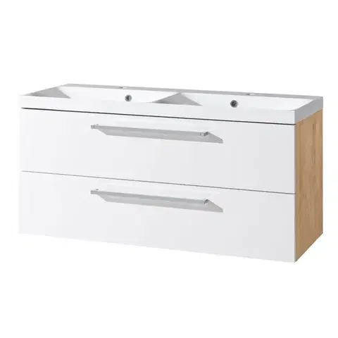Kúpeľňový nábytok Mereo Bino, kúpeľňová skrinka s umývadlom z liateho mramoru 121 cm, biela/dub CN673M