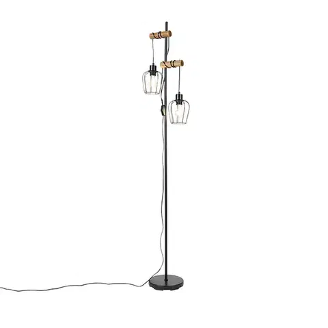 Stojace lampy Rustikálna stojaca lampa čierna s drevom 2-svetlo - Stronk